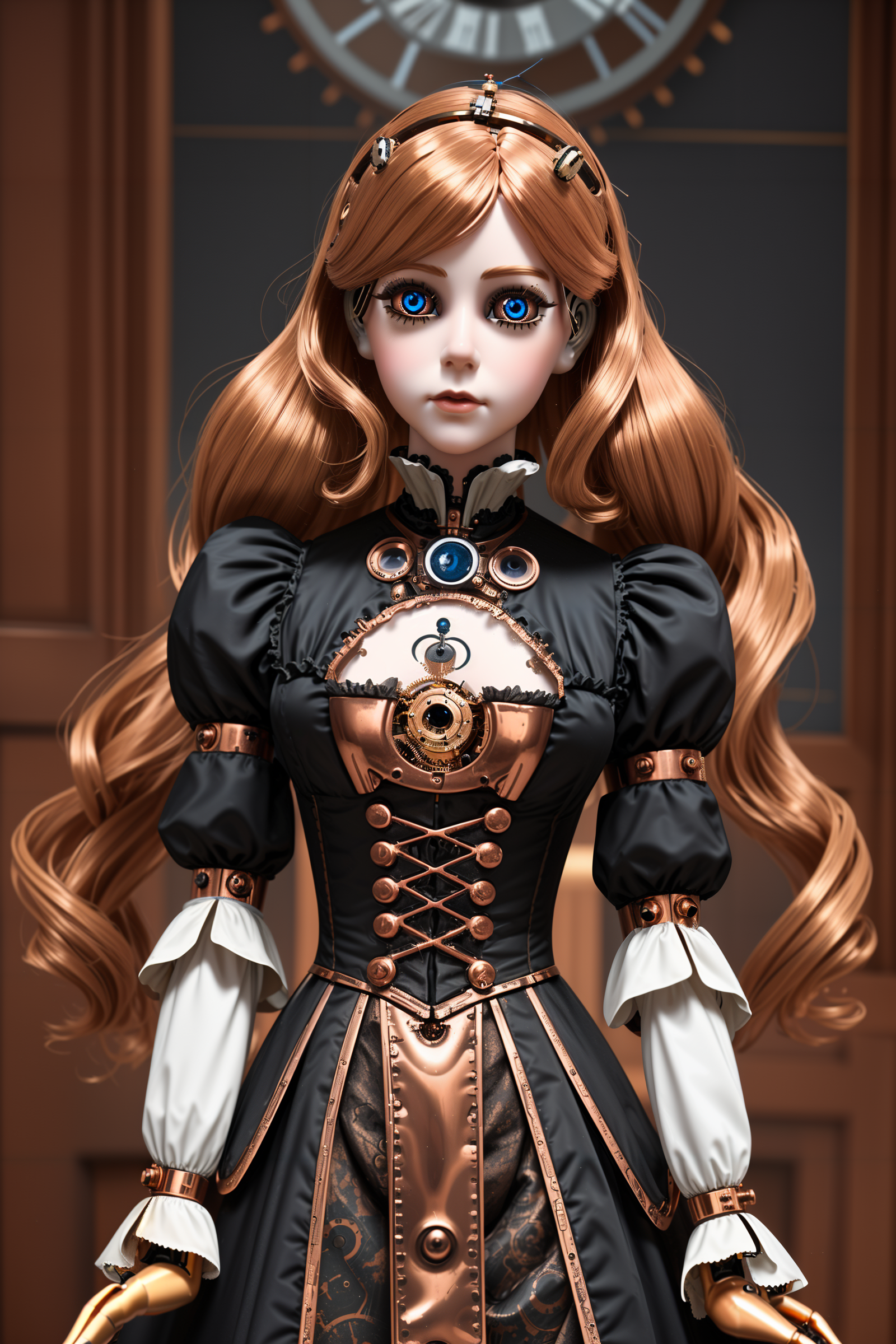 clockwork cyborg girl, copper, victorian dress, (porcelain doll:1.2)