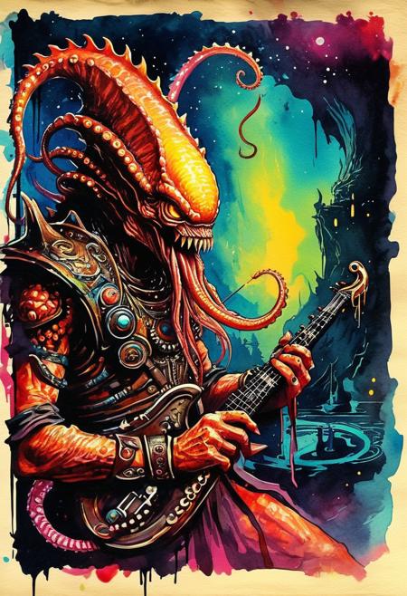In the "Alien Symphony" game, contestants use bizarre instruments that resemble creatures with tentacles and eyes. They must follow a musical sequence played by a GWAR conductor, whose baton is a luminous, wriggling tentacle. Each correct note triggers psychedelic light effects.
, the scene is captured in dimly lit dark fantasy but vibrant colors, with bold ink lines defining form against the watercolor wash of the aged paper
, in the style of an old 80's VHS dark fantasy, VHS screen grab, grainy, old footage