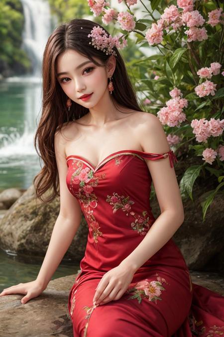 masterpiece,best quality,1 girl, daji, smille, red dress, chinese clothes, bare shoulders, pink earrings,embroidered robe with exquisite details, gentle and demure disposition, flowers ,flowing water , reflection
<lora:polyhedron_skinny_all:0.3><lora:more_details:0.3><lora:add_detail:0.3>