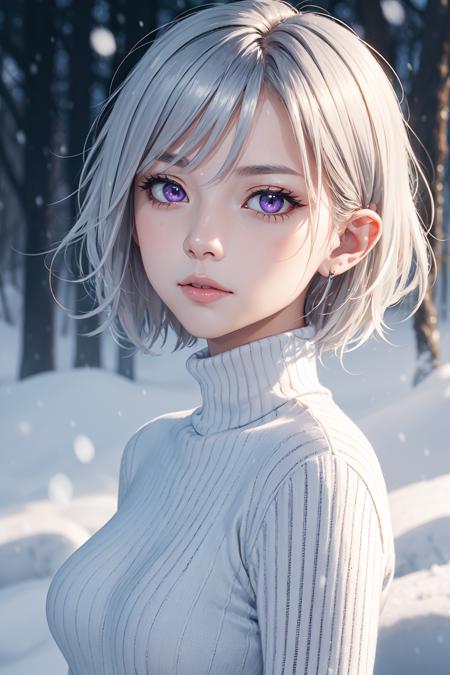 masterpiece, best quality, 1girl, 
purple eyes, yellow eyes, gradient eyes, silver hair, short hair, turtleneck, medium breasts, pointy ears, 
snow, fog, close-up, portrait, depth of field,