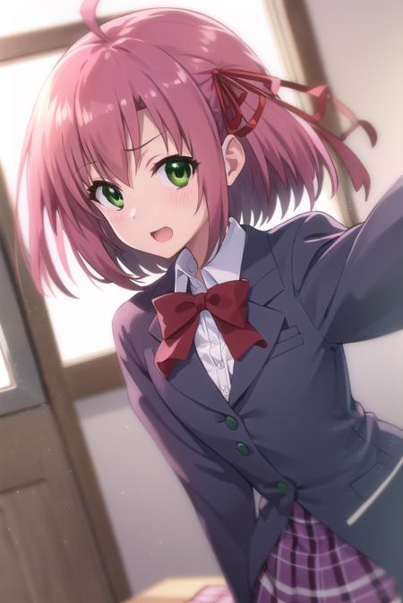 kurimusakurano, <lora:kurimu sakurano s2-lora-nochekaiser:1>,
kurimu sakurano, short hair, ribbon, (green eyes:1.3), hair ribbon, pink hair, ahoge, smile, open mouth,
BREAK skirt, school uniform, plaid, plaid skirt, shirt, white shirt, collared shirt, jacket, long sleeves,
BREAK indoors, classroom,
BREAK looking at viewer, (cowboy shot:1.5),
BREAK <lyco:GoodHands-beta2:1>, (masterpiece:1.2), best quality, high resolution, unity 8k wallpaper, (illustration:0.8), (beautiful detailed eyes:1.6), extremely detailed face, perfect lighting, extremely detailed CG, (perfect hands, perfect anatomy),