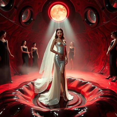 high-society elegant slender norvegian  rich   innocent young bride wearing   glossy silver high heels and glossy transparent slime  high slit wedding dress with matching long veil. She posing  in center of the floor hole, filled with glossy black slime, surrounded by ladies wearing elegant black gowns and high heels, pulling her toward  giant slime covered glossy red foil breeding bed, eerie fog that wafts up from the fleshy jelly floor, encased in light beam from the chamber celling, awaiting her alien master, strugging to break free and escape, glossy live wet-look jelly walls, whorish breeding chamber, colossus observation portholes to outer space full of stars, bright red moon, vintage-inspired makeup, long hairs, ultra thin waist, evil grin, porcelain skin, lipstick, red nails, in the style of a haunting, retro-futuristic 1950s sci-fi nightmare, horror, alien space base,