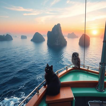 A spectacular cinematic photo of a pea green sailing boat as it sails through the South China Seas, a black cat and an owl sit side by side  enjoying the spectacular scenery, tall islands rise majestically from the perfect, blue waters as the sun sets on the horizon