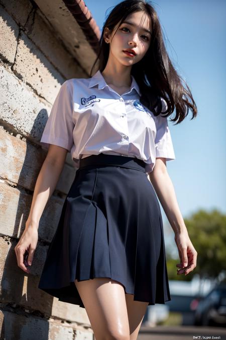 (photorealistic:1.4),Best quality, masterpiece, ultra high res, raw photo,soft light,(cowboy shot),blue sky,movie poster
1girl,(mathayom uniform),white shirt short sleeves,(black pleated long skirt:1.2),long hair,hair_floating,dramatic scene
 <lora:mathayom22:0.8>