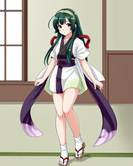 <lora:Zunko_v3:0.5>, 1girl, green_hair, green_hairband, japanese_clothes, muneate, sandals, sash, touhoku zunko, red_tasuki, black_breastplate, indoors