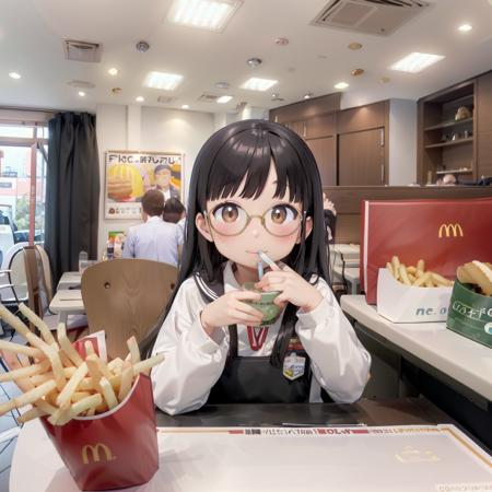 best quality, ultra-detailed, illustration,
makudo, indoors, scenery, poster (object), chair, ceiling light, window, ceiling, table, blinds, 
food, food focus, cup, burger, french fries, disposable cup, still life, cheese, drinking straw, bread, drink, tray, table, chair, 
1girl, glasses, black hair, long hair, brown eyes, school uniform, school bag, blush, looking at viewer, sitting,
<lora:McDonald_JP_indoors_SD15_V2:1>