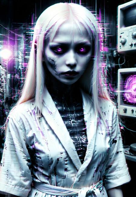 dutch angle, horror, monochrome, glitch style, exorcist style,  SybilDante, analog horror, close-up, blind albino Japanese girl, skeletal build, serene expression, long straight white hair, wearing a all-white kimono and hakama, flickering lavender prophet eyes, she appears on an old CRT computer screen, distorted by digital chromatic aberration and glitches that make her image flicker and shudder, the background is mostly black and white, with hints of industrial machinery and wires visible through the screen's cracked plastic casing
