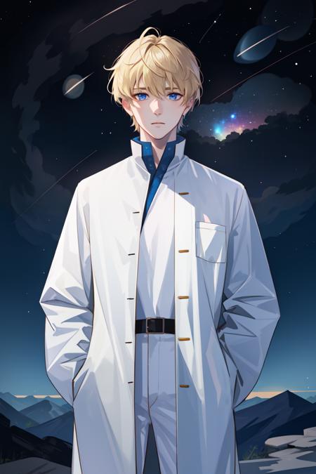 ((masterpiece:1.2, best quality)), 4k, 1boy, adult, portrait, space, galaxy, shining star, meteor shower, night sky, scenery, blonde hair, blue eyes, He is looking up at the sky, hands in pockets, white robe, blue muffler