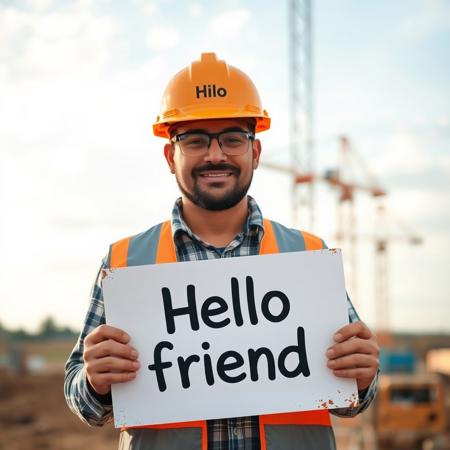 A man wearing a hard hat on a construction site holds a sign that reads: Hello friend