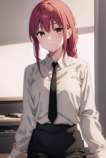 makima, <lora:chainsaw makima s1-lora-nochekaiser:1>,  
makima, long hair, smile, bangs, small breasts, (yellow eyes:1.2), braid, red hair, braided ponytail, ringed eyes, 
BREAK shirt, long sleeves, white shirt, necktie, collared shirt, pants, black pants, formal, suit, black necktie, shirt tucked in, office lady,
BREAK indoors, office,
BREAK looking at viewer,
BREAK <lyco:GoodHands-beta2:1>, (masterpiece:1.2), best quality, high resolution, unity 8k wallpaper, (illustration:0.8), (beautiful detailed eyes:1.6), extremely detailed face, perfect lighting, extremely detailed CG, (perfect hands, perfect anatomy),