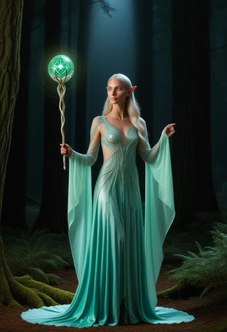 pmg style, serene, elegant elvish girl with long, flowing, silver hair that reaches her waist, wearing an intricate, flowing gown made of shimmering, iridescent fabric, adorned with delicate, glowing runes. She holds a slender, elegant staff topped with a luminous, crystal orb, standing in a mystical, moonlit forest with ancient, towering trees and soft, ethereal light casting a gentle glow. Green eyes (looking at viewer), (elf_ears)
