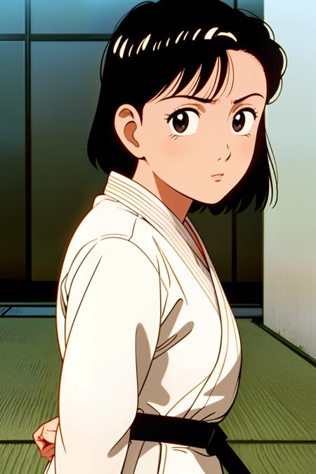 YAWARA \(YAWARA!\), (Urasawa_Naoki style), 1girl, solo, solo focus, YAWARA \(YAWARA!\), ((Urasawa_Naoki style)), short hair, black haie, black eyes, white Judo-uniform, white Judo-pants, ((red belt:1.2)), bare feet, 1 side-up short-tail, white inner shirt, Judo master, standing, ((upper body, face close-up, Face focus, from front, front view, head on, looking at viewer)), 1girl, solo, solo focus, YAWARA \(YAWARA!\), ((Urasawa_Naoki style)), 18yo, short hair, black hair, black eyes, middle brests, one-side-up short-tail, (((camisole, miniskirt, Long knee high socks, absolute territory, sneakers))), standing, ((upper body, face close-up, Face focus, from front, front view, head on, looking at viewer)),