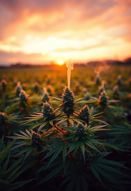 vibrant cannabis field, (lush green leaves:1.4), (sunset glow:1.2) casting warm light over the plants, (detailed textures:1.5), smoke swirling softly in the air, (cannabis buds:1.3) glistening with trichomes, peaceful and serene atmosphere, (natural light:1.4), wide field stretching into the distance, (colorful sky:1.2) with shades of pink and orange, (high-definition:1.6), (ultra-realistic textures:1.5), close-up details of cannabis plants, (soft focus in the background:1.2), modern, laid-back aesthetic, perfect for a cannabis culture feature, chill and relaxed vibe, (overexposed:-1.4), (unnatural colors:-1.5), (blurry:-1.6), (low-resolution:-1.7), (harsh lighting:-1.5), (distorted textures:-1.6)