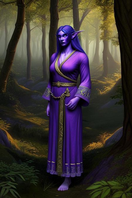 RAW photo, (masterpiece:1.3), subsurface scattering, heavy shadow, (high quality:1.4), (intricate, high detail:1.2), professional photography, HDR, High Dynamic Range, realistic, ultra realistic, photorealistic, high resolution, film photography, ambient lighting, atmospheric effects, <lora:detail_slider_v4:2>, OverallDetail, a female nightelf priestess,  violet wild hair, intricate robes, jewelry, <lora:Nightelf:0.7>, in the forest, night, epiCPhoto
