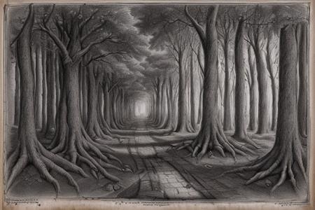 forgotten_pages a drawing a forest with a path in the middles and high trees <lora:forgotten_pages:1>