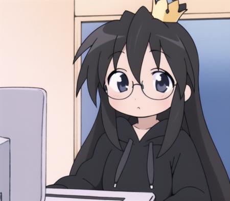 <lora:azurasuzukiv1:0.8>, Azura Suzuki, 1girl, solo, (crown, black hoodie:1.2), long hair, black hair, black eyes, glasses, on the computer, lsstyle, <lora:luckystarv2:1>