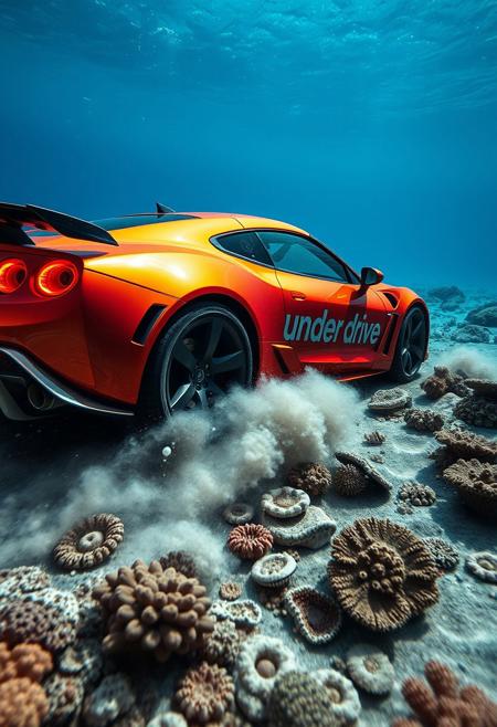 a sunken sport car is fast driving on the ocean floor, lot of small air bubbles are coming from the car, dust from the ocean floor is coming from the wheels, there are many corals under the water, beautiful lighting, big text on car body "under drive", sport car on ocean floor