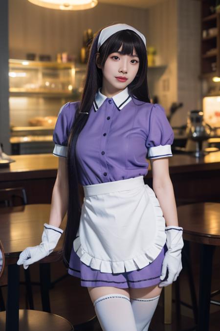 sxkft, waitress, shirt, puffy short sleeves, white waist apron, gloves,thighhighs, head scarf,  pink dress red dress blue dress purple dress yellow dress