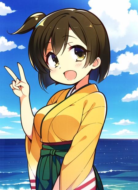 (masterpiece), (best quality), (ultra-detailed), (best illustration),(best shadow:0.7), (an extremely delicate and beautiful), finely detail, (manga), 1girl, (hiryuu) from kantai collection, short hair, brown hair, (brown eyes), orange kimono, green hakama, green hakama short skirt, green hakama skirt, ribbon, smile, finely detailed iris, blush, medium breasts, (one side up), standing, blue sky, ocean, white cloud, open mouth, peace sign