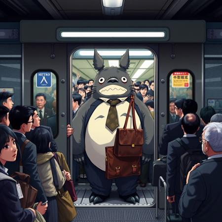 From the bustling platform of a Tokyo Metro station, a weary Totoro is visible through the open doors of an overcrowded train, facing outward. His fur is slightly matted and sagging from exhaustion, his expression softened by fatigue after a long day. He wears a disheveled Japanese salaryman suit—dark blue fabric wrinkled, white shirt untucked and crumpled, tie hanging crooked with a missing jacket button. His large, clawed paws clutch a scuffed leather briefcase, worn from years of use. Inside the train, passengers are jammed together—salarymen in stiff suits, students in crisp uniforms, and office workers gripping straps or phones—pressed shoulder-to-shoulder under harsh fluorescent lights. The air hums with muffled chatter and the distant screech of rails. Outside, a chaotic crowd of commuters surges toward the open doors, elbows jostling and briefcases swinging as they try to squeeze into the already packed carriage. A few platform onlookers—a young woman with wide eyes, an elderly man with a furrowed brow, and a small child in a bright red coat pointing excitedly—stare at Totoro in surprise, their faces caught in the station’s dim glow. Totoro, despite his weariness, offers a gentle, lopsided smile to the pointing child, his round eyes crinkling warmly. Beyond the train, the station’s tiled walls are plastered with colorful ads, and a digital clock overhead ticks forward, while the distant rumble of another train echoes through the underground.