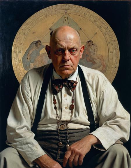 upper body shot of eerie grumpy Aleister Crowley, (by Norman Rockwell, (Frank Frazetta:1.15):1.05), (Alphonse Mucha:0.15),{creepy|gloomy|natural|bright|cheerful|idyllic}, {harsh|diffuse} {direct|indirect} lit from {above|right|left|below|behind|front}, steempunk