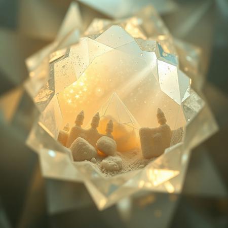 A cinematic extreme macro view plunging into the core of a mystical gemstone, revealing an impossible, surreal landscape within its facets. A miniature, forgotten nebula of soft, swirling stardust glows with an ethereal, dreamy light, illuminating crystalline structures like lost architecture. Mysterious, soft god rays pierce through a gentle haze, creating an atmosphere of profound and silent wonder, as if looking into a captured dream.