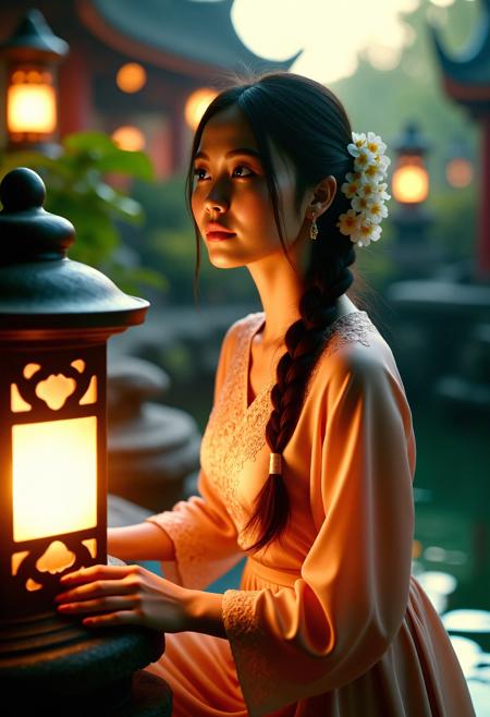 Cinematic portraiture, Southeast Asian woman, traditional silk kebaya with intricate embroidery, jasmine flowers woven into her braided hair, kneeling beside a stone lantern, medium close-up, low angle, ancient temple garden at dusk with koi pond, wistful longing, golden hour backlighting, amber and jade tones, Sony FX3, in the style of Wong Kar-wai's atmospheric intimacy, perfect detailed face, perfect detailed eyes, perfect hands, perfect feet, natural anatomy,  <lora:Flux\Dever_Flux_Enhancer.safetensors:0.5>.