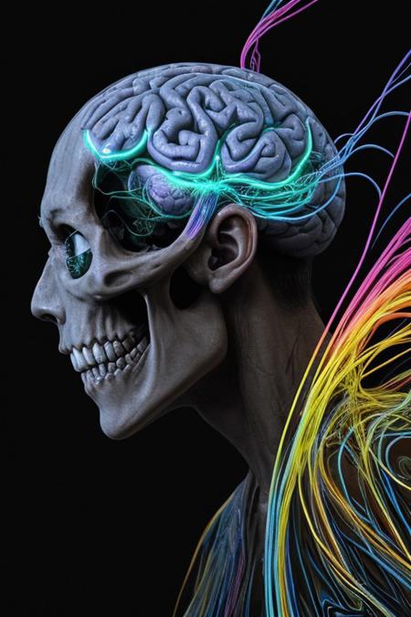 A man drowning inside his own mind. FRONT VIEW. Subliminal messaging, Horror, neon-colored brain scan aesthetic on black background. the figure of a skull is seen inside the brain scan. Psychedelic brain scan. Horror, Vibrant, glowing neural pathways Abstract, futuristic aesthetic. Style mimics bioluminescence art. Sharp contrast between vivid colors and deep black background. realistic rendering of brain lobe. Conveys sense of brain death, cognitive decline, and mental degradation. Sharp jagged teeth. Horror theme.