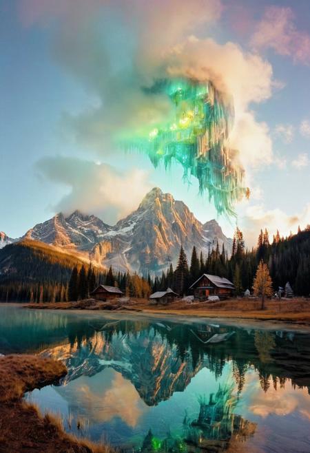 (by Ellen Jewett:1.5), ((Bioluminescent Impressionism: 1.4), The Dreamland), their peaks veiled in mist. mixed media, surrealism, great lighting, A surreal landscape highly detailed . extremely high-resolution details,  appears trapped in an optical illusion of reflections and refractions colorful , mountain cabin, professional photography, natural lighting, volumetric lighting maximalist. intricately detailed, complex, elegant, expansive, fantastical, film photography style,  medium grain,  <lora:MJ52:0.3>  <lora:SDXLFaeTastic2400:0.4>  <lora:EpicF4nta5yXL:0.7>.ethereal landscapes, depth of field, biotech emotion:1.3) <lora:xl_more_art-full_v1:0.5> <lora:add-detail-xl:1> <lora:RMSDXL_Creative:2>