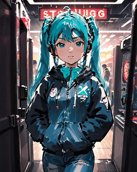 ((masterpiece)),(((best quality))),((illustration)),(depth of field:1.2),(hatsune miku:1.5),
solo,dynamic angle,(1 girl:1.3),bangs,headphones,(disheveled hair),Baseball cap,(jacket|hoodie),jeans,thigh strap,hands in pocket,cowboy shot,
Moody Lighting,(arcade games:1.1),(Game Center:1.5),(Game Hall:1.1),(backlight:1.3),intricate detail,cyberpunk,slot machine,claw crane game machine,(crowd:1.1),
(Pixel particles exploding:1.2),
traditional_ink_painting,<lora:traditional_ink_painting-000007:1>,