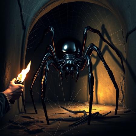 She guides the torch toward the corner, revealing a web-laden alcove. Suddenly, her eyes widen as she witnesses a massive black spider, the size of a car, perched ominously, its glossy body glinting in the torchlight, with legs sprawling grotesquely across the ground.