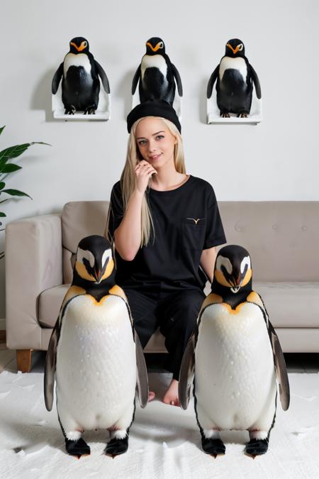 ((1girl surrounded by multiple penguins)) Professional photograph, long angle shot of 25 year old woman <lora:quiron_ElsaJean_v1_lora:0.8>, elsajeanquiron she's wearing a full body cute pyjamas. (She's sitting on a long couch), in a white-walled living room, homely background, cozy. She's ((there are penguins behind her and at her sides)). ((multiple black penguins around her)), absurdres, highrest, 8k, masterpiece, highest quality, masterpiece, award winning shot, comical picture, funny vibes.