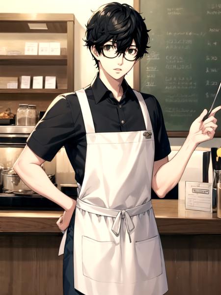 masterpiece, best quality, 1boy, solo, male focus, dsren, black hair, short hair, black eyes, glasses, collared shirt, apron, pants, standing, cafe, counter, detailed background
<lora:dsjoker-v2:1> <lyco:p5-anime_style_lc:0.6>