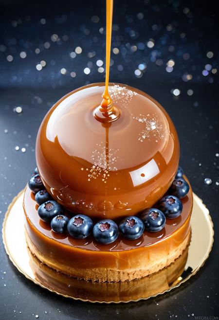 score_9, score_8_up, score_7_up,
(Dreamy Stardust Caramel Sphere Mirror Cake)
A **sleek, round mirror glaze cake**, deep midnight blue, with a perfectly reflective surface. Embellishing its top are **several translucent amber caramel spheres**, each a glossy, crystal-clear orb reflecting faint starlight. A **light dusting of edible silver glitter** creates a subtle "stardust" effect around the spheres. Beside the cake, a **minimalist clear glass of sparkling water infused with blueberries** suggests a cosmic theme. The scene is set on a **dark, polished surface**, with **subtle, atmospheric backlighting**, creating a **mystical, dreamlike galaxy ambiance**, emphasizing modern allure and otherworldly edible beauty. **No straws present or attached to dessert.**
(caramel sauce :
translucent amber caramel, shimmering, crystal-clear, fluid and ethereal, light-infused, glossy surface, delicate viscosity, radiant golden glow, pure clarity, elegantly flowing, like liquidized gemstone, smooth and refined, with subtle luminous reflections.delicate drizzle.partially glazed.adorned with.)