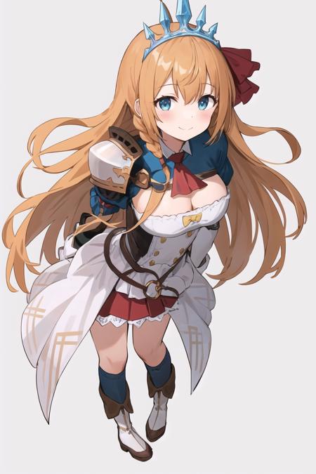 masterpiece, best quality, ultra-detailed, 1girl, ahoge, armor, ascot, bangs, blue socks, blush, boots, braid, breasts, cleavage, closed mouth, full body, gloves, hair ribbon, looking at viewer, medium breasts, pecorine, puffy short sleeves, puffy sleeves, red ascot, red ribbon, red skirt, ribbed legwear, ribbon, short sleeves, shoulder armor, simple background, single pauldron, skirt, smile, socks, solo, split mouth, standing, tiara, white background, white footwear, white gloves  <lora:pecorineV1:1>