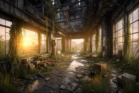 realistic, vray, HDR,  6000K,  berlin city, inside factory, overgrown, post apocalypse feeling, sunset, <lora:PostApocalyptic3:0.6> SZ_4po