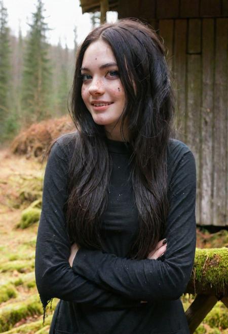 masterpiece, best quality, (colorful), cinematic lighting,  realistic, extremely detailed,  detailed face, freckles, (moles:0.8), a highly detailed profile photography of an evil witch girl, from the side,  knowing smile, head tilted, looking at viewer, perfect eyes, light grey eyes, rags, wearing long black rags of coarse fabric, rags torn and frayed, sitting against the wooden wall of a derelict hut covered with moss in a winter forest,  half open eyes, evil smile, at dusk, side view,arms crossed, arms crossed under her breasts, long jet black hair, hair full of dirt and leaves and twigs, dirty hair, dirty face, pale skin, detailed skin, dirty skin with blemishes, black lipstick, EyeDetail, perfect detailed eyes, very long eyelashes, black eyeliner, kawaii makeup , subsurface scattering, remarkable color, ultra realistic, textured skin, remarkable detailed pupils, realistic dull skin noise, visible skin detail, skin fuzz, dry skin, bokeh, sharp focus on subject,