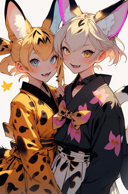 <lora:Nijidefault_20230622033258:0.9>, niji,animal ears, multiple girls, 2girls, bow, tail, japanese clothes, serval (kemono friends), blonde hair, print bow, bowtie, extra ears, yellow eyes, short hair, kimono, serval print, open mouth, blue eyes, blush, white bowtie, looking at viewer, white bow, smile, white hair, multicolored hair, cat ears, print bowtie, cat girl, :d, fang, animal ear fluff, cat tail, long sleeves, alternate costume, hair bow, gloves, masterpiece, best quality,