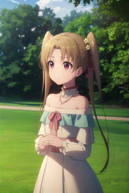 sherrytueli, <lora:sherry tueli s2-lora-nochekaiser:1>,
sherry tueli, long hair, brown hair, hair ornament, twintails, (brown eyes:1.5), star \(symbol\), star ornament,
BREAK dress, bare shoulders, jewelry, necklace, frills, long sleeves,
BREAK outdoors, forest, nature, sun, sky, clouds, trees, grass,
BREAK looking at viewer, (cowboy shot:1.5),
BREAK <lyco:GoodHands-beta2:1>, (masterpiece:1.2), best quality, high resolution, unity 8k wallpaper, (illustration:0.8), (beautiful detailed eyes:1.6), extremely detailed face, perfect lighting, extremely detailed CG, (perfect hands, perfect anatomy),