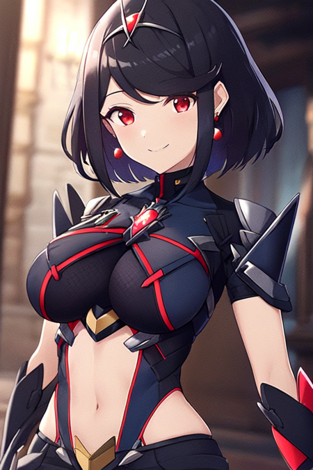 DPyra, black hair, short hair, red eyes, grey clothing, red jewelry, armor, earrings, tiara, large breasts, shoulder armor, covered navel, skindentation, grey armor, leotard, framed breasts, neon trim, scarf, turtleneck, grey short shorts, grey thighhighs 