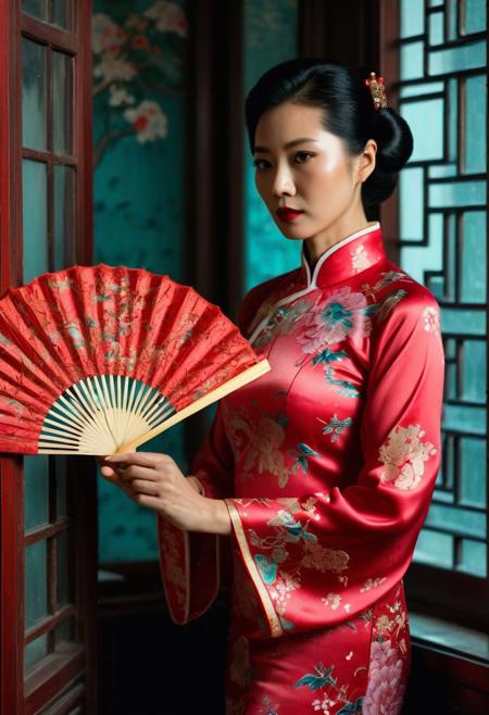 The texture of Wong Kar Wai's movie, a Chinese woman wearing a sexy cheongsam, standing by the window, holding a fan in her hand, looking at you, the texture of the movie, ultra high quality, 4K, outstanding, detailed
