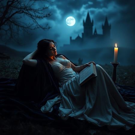 Cinematic fantasy photography, princess reclining on velvet cloak, gown unbound to reveal silk chemise beneath, bare feet arched delicately, holding open journal with intimate writings, dramatic chiaroscuro lighting, setting: moonlit clearing before storm, castle towers visible through mist, mood: anticipatory vulnerability, lighting: single candle with moonlight rim glow, color theme: sapphire and silver, camera: Arri Alexa 65, in the style of Annie Leibovitz fairy tales