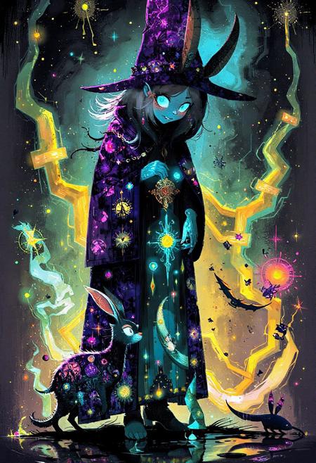 WackyScratchDaal ,   A mirror witch, whose entire body reflects other realities, bends down to help a baby jackalope fix its glitched shadow. Each reflection in her cloak shows a different magical micro-world. The art style channels vaporwave colors, glitchcore aesthetics, and folklore design all in one.