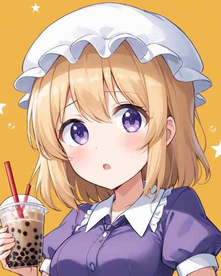 maribel hearn,1girl, bubble_tea_challenge, bubble_tea, mob_cap, solo, open_mouth, white_headwear, upper_body, puffy_short_sleeves, blush, looking_at_viewer, yellow_background, drinking_straw, collared_dress, medium_breasts, meme, hands_up, purple_dress, disposable_cup, v-shaped_eyebrows, english_text
<lora:maribel_hearn_image1596_2023-12-20-000014:1>,star-shaped_pupils,symbol-shaped_pupils,. gorgeous,key visual, vibrant, studio anime,award-winning, professional, highly detailed,high budget, cinemascope