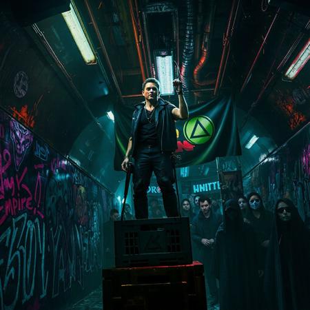 Deep beneath the polished towers of the Neon Empire, in the forgotten alleys and flickering underworld, a rebellion is born.
In a darkened subway terminal painted with holographic graffiti and the ghosts of empire, a lone rebel stands atop a crate, addressing a masked crowd.
Their face glows in the pulsing neon — defiant, scarred, half-cybernetic.
Behind them, banners ripple with anti-empire glyphs.
The crowd is diverse: former soldiers, hacked androids, cloaked data-smugglers, rogue AI priests.
Sparks fly from overhead cables; the city above doesn't know it's already cracking.
Cyberpunk underground resistance, cinematic 8K, tense shadows, neon graffiti, gritty detail, dynamic pose, dark rebellion energy.