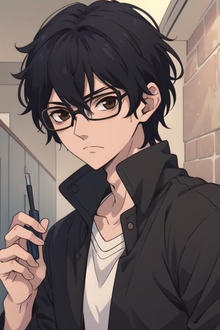 masterpiece, best quality, wallpaper, 1boy, solo, male focus, looking at viewer, upper body, , <lora:momo_sakaki:0.68>, momo_sakaki, black hair, brown eyes, hair between eyes, glasses, , alternate history, 16k resolution