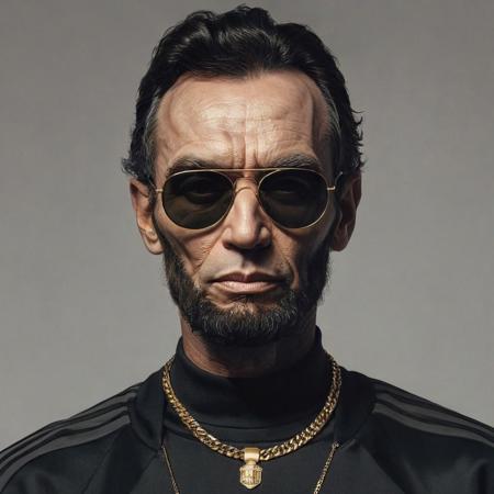 closeup portrait of Abraham Lincoln with him wearing a black Adidas style tracksuit and gold chains and Rayban style sunglasses, serious look, moody, highly detailed, high contrast, white background