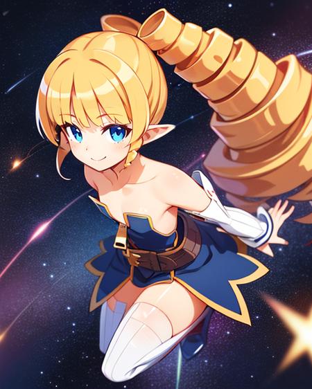 Archer, blond hair,drill hair,flat chest,pointy ears,blue eyes ,  smiling  close up, full body,
ArcDres,detached sleeves,bare shoulders, strapless dress,zipper,boots,belt ,white thighhighs,
brick road, outer space,  stars, 
(insanely detailed, beautiful detailed face, masterpiece, best quality)  <lora:Archer:0.8>