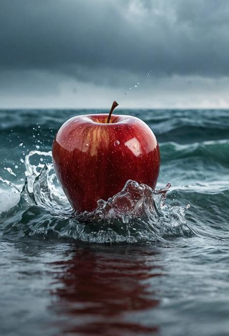 Stable_Yogis_PDXL_Positives
 Imagine a photograph capturing an extraordinary and surreal subject: a transparent apple, crystal clear and perfectly formed, revealing a highly detailed, tumultuous miniature sea raging within. The apple sits boldly in the center of the frame, its smooth, glass-like surface reflecting light and offering a window into the dynamic scene inside. Within, the stormy sea is a marvel of miniaturization - tiny waves crest and crash with realistic ferocity, and if one looks closely, minute flashes of lightning and swirls of wind can be discerned, adding to the tempest's drama. The background of the photo is intentionally simple, perhaps a soft, neutral color or a subtle gradient, ensuring that all attention is drawn to the striking contrast between the serene exterior of the apple and the wild, chaotic seascape it contains. The lighting is key, illuminating the apple in a way that highlights the intricate details of the storm inside while maintaining the overall clarity and impact of the image.