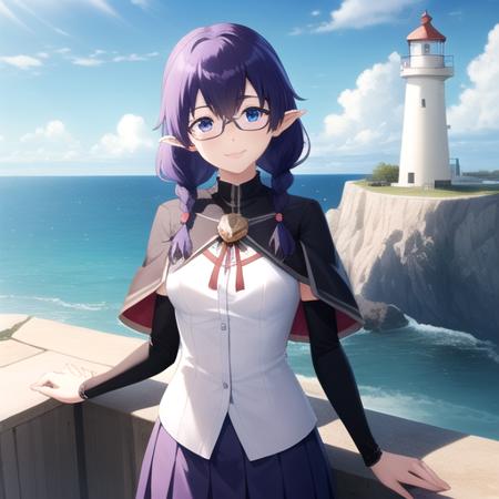 ((masterpiece)),(best quality),official art,extremely detailed CG,unity 8k wallpaper,ultra detailed,A lighthouse on a cliff by the sea,1girl,solo,cowboy shot,looking at viewer,maria (eiyuu kyoushitsu),pointy ears,black capelet,white shirt,long sleeves,juliet sleeves,puffy sleeves,medium breasts,turtleneck shirt,red ribbon,bangs,choker,glasses,twin braids,purple hair,socks,long hair,purple skirt,blue eyes,smile,<lora:Maria(ek)>,